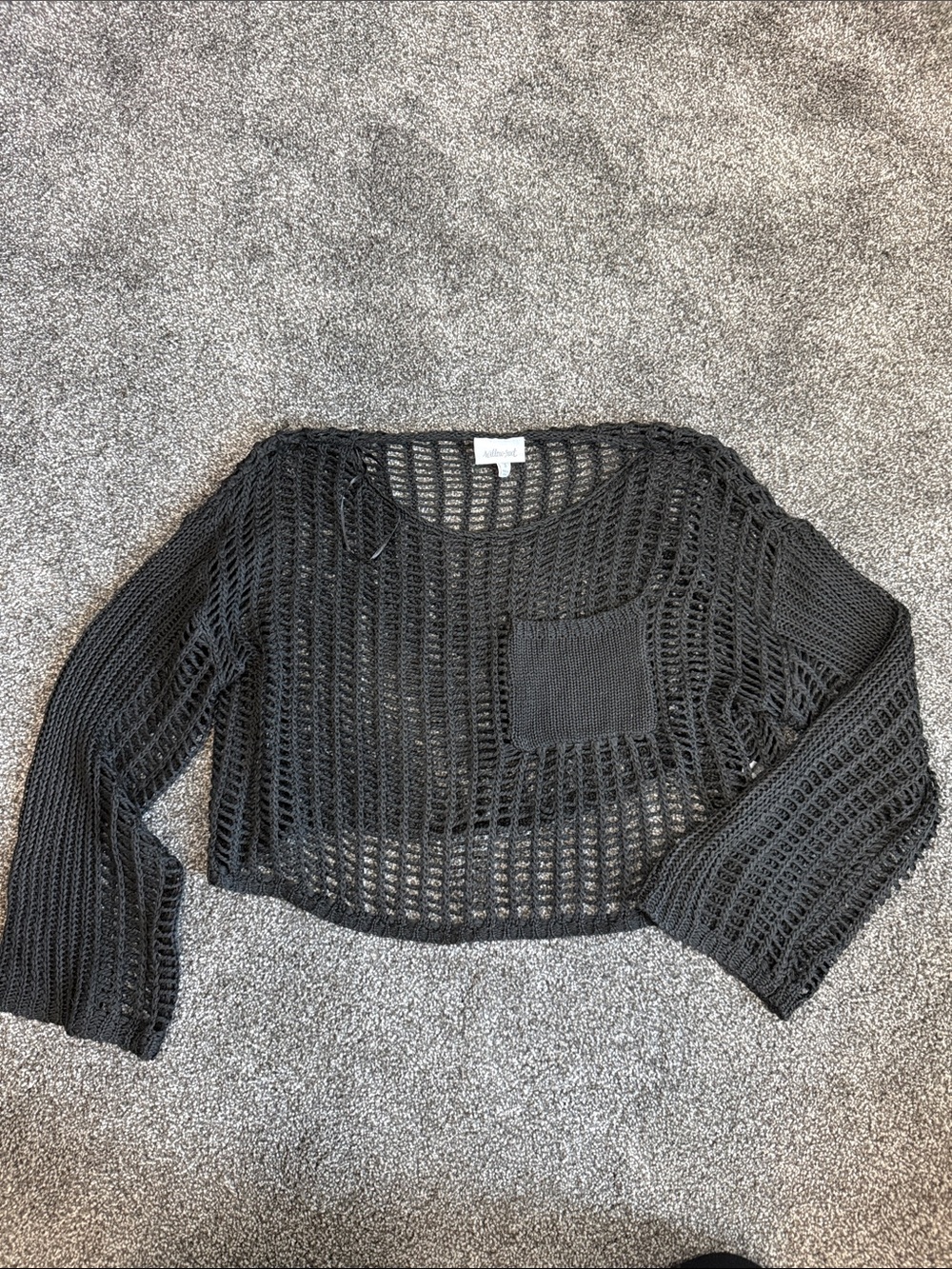 Willow & Root Black Open-Weave Cropped Crew Sweater with Pocket